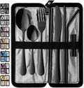 VANDBAO Portable Travel Utensils, Reusable Silverware with Case for Fixing Tableware, 9 Pieces Stainless Steel Stable Flatware Set, Camping Picnic Cutlery Set (Black Set)
