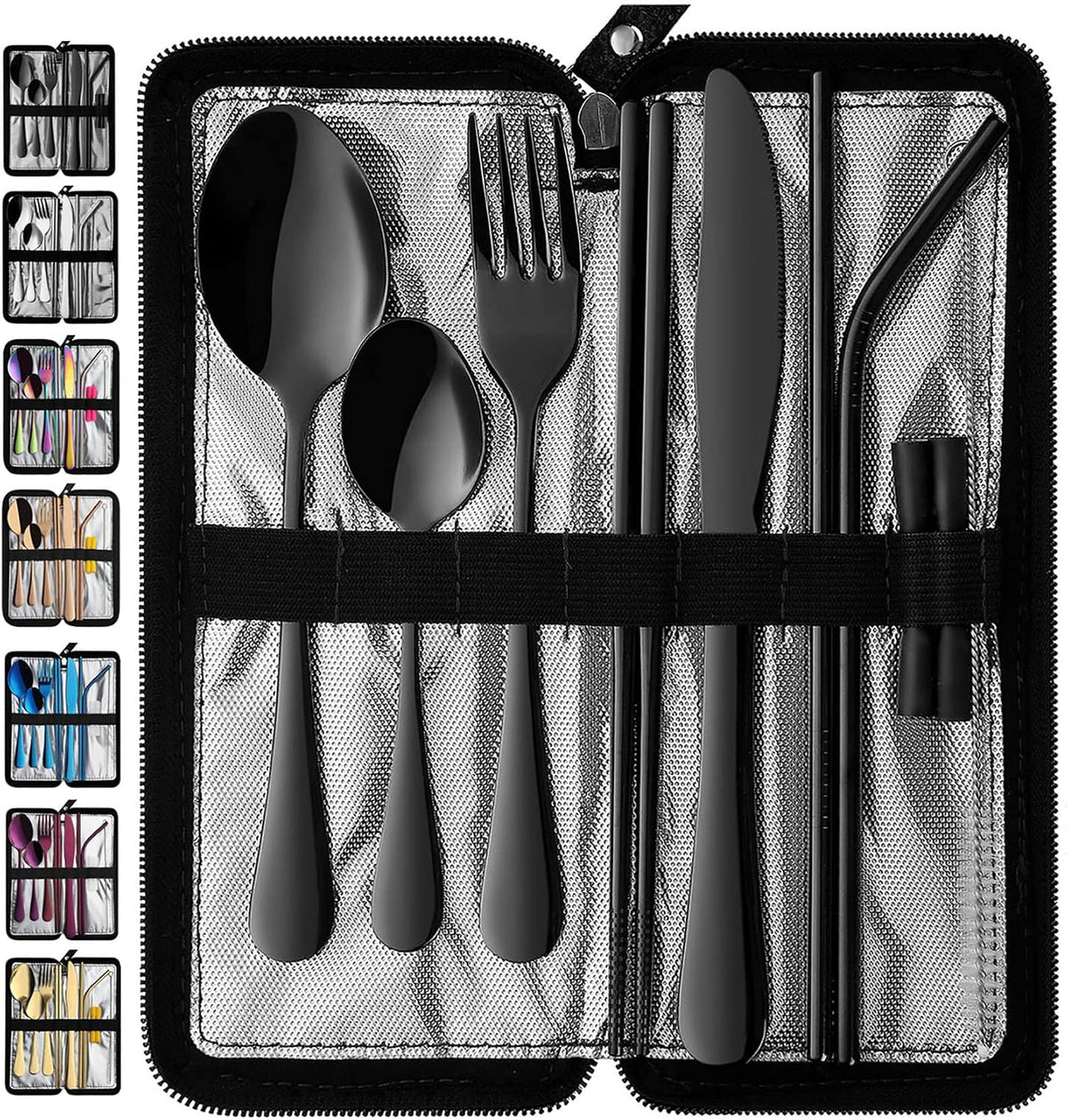 VANDBAO Portable Travel Utensils, Reusable Silverware with Case for Fixing Tableware, 9 Pieces Stainless Steel Stable Flatware Set, Camping Picnic Cutlery Set (Black Set)