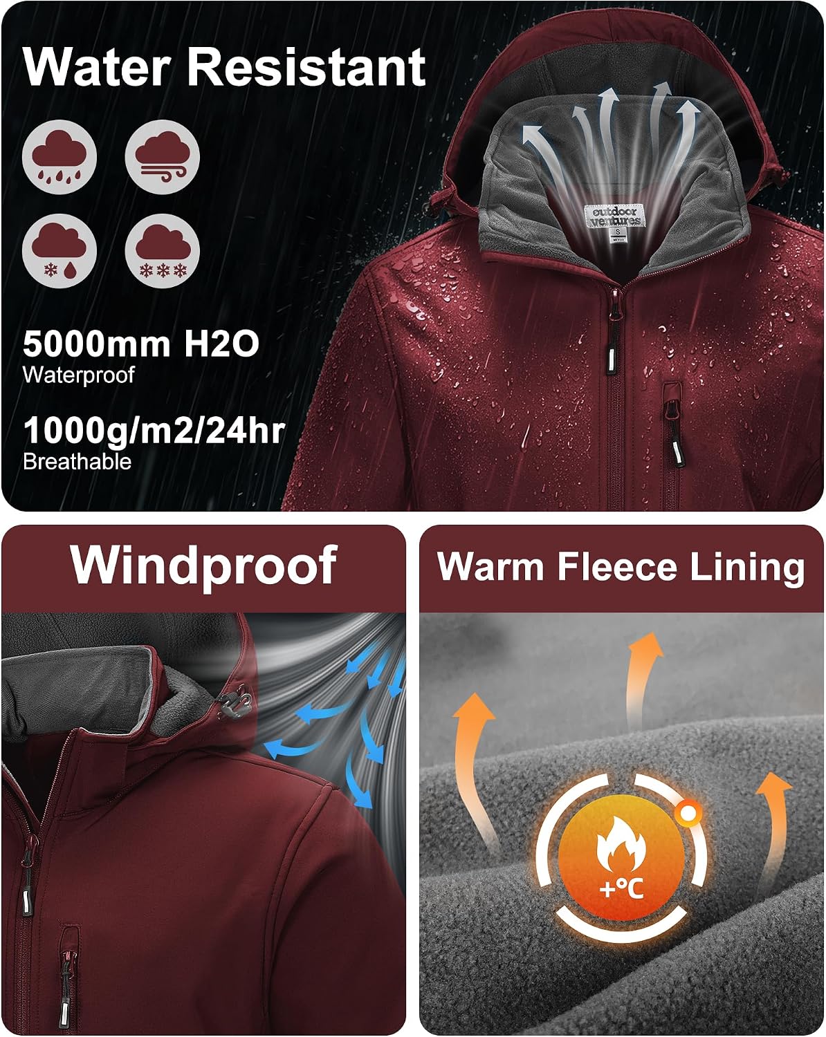 Outdoor Ventures Men's Softshell Jacket Waterproof Fleece Rain Shell Coat