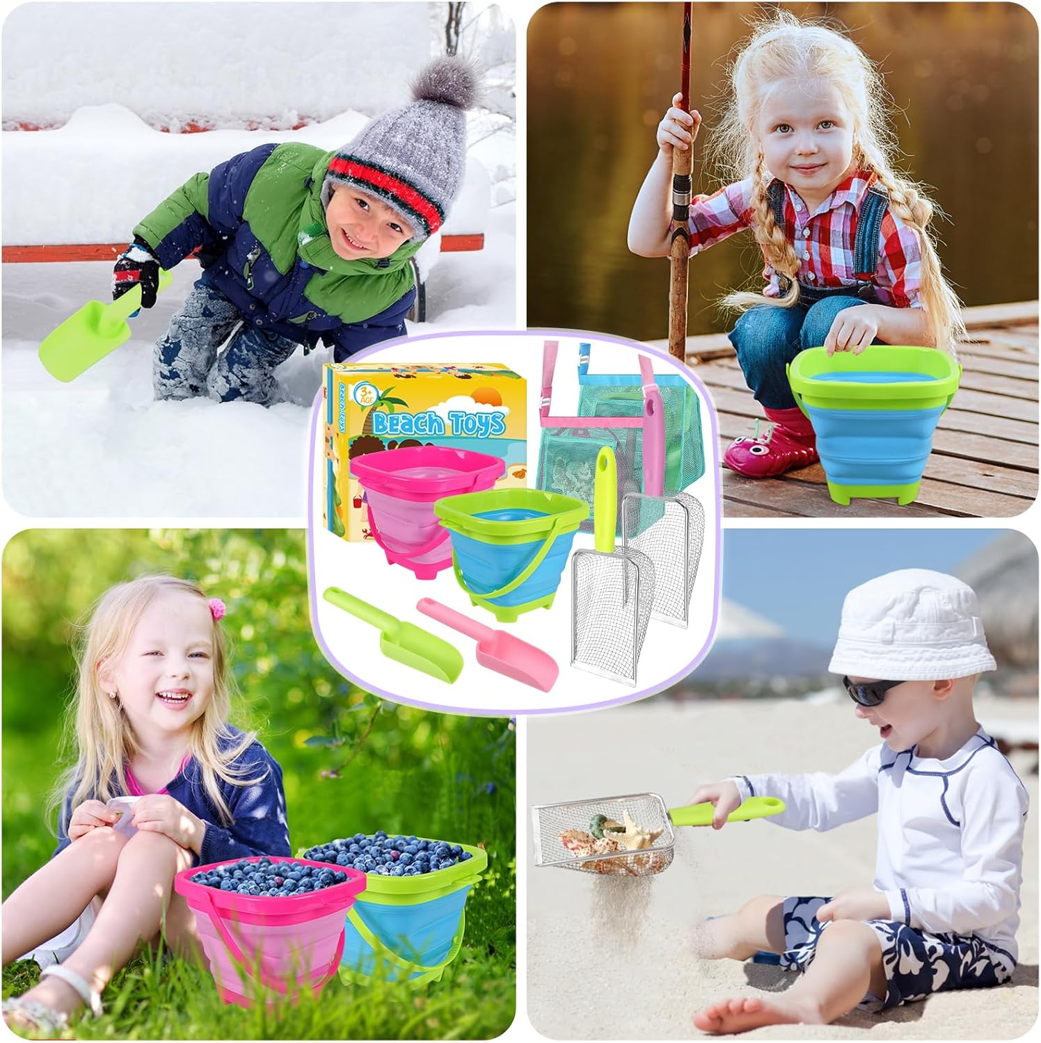 FHOZGECY 2 Pack Beachcombing Kit with Sifters for Beach Vacation Essentials | Collapsible Buckets, Stainless Mesh Sifters, Scoops and Mesh Bags for Shelling, Outdoor Exploration Play for Kids Ages 3-12