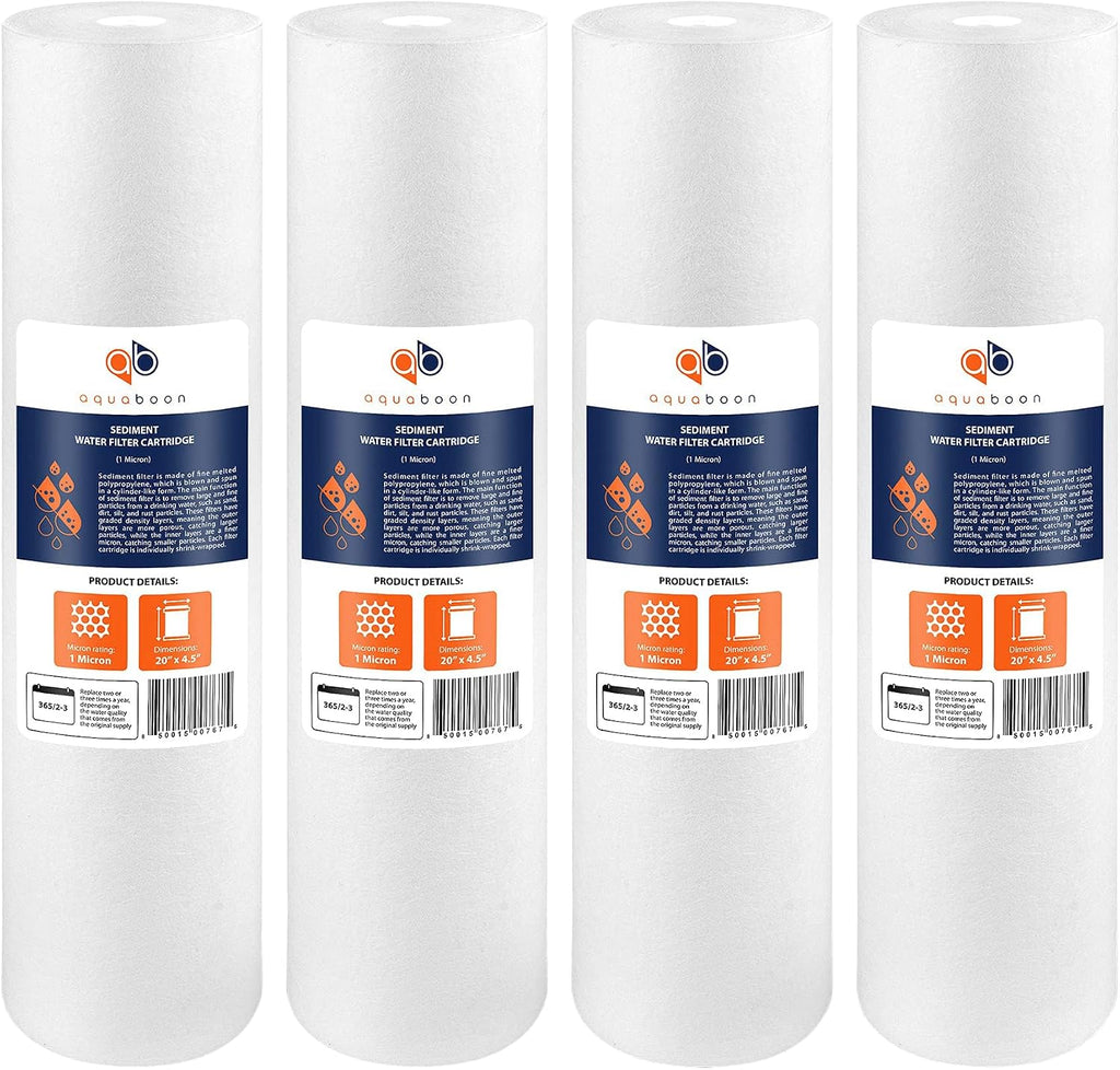 Aquaboon 1 Micron 20 x 4.5 Sediment Water Filter Replacement Cartridge | Whole House Sediment Filtration | Compatible with AP810-2, SDC-45-2005, FPMB5-20, P5-20, FP25B, 155358-43, 4 Pack
