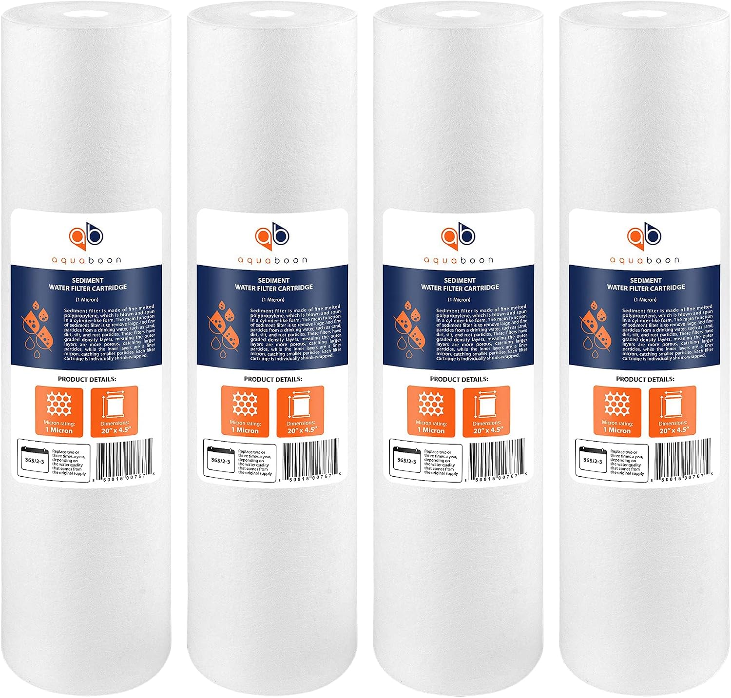 Aquaboon 1 Micron 20 x 4.5 Sediment Water Filter Replacement Cartridge | Whole House Sediment Filtration | Compatible with AP810-2, SDC-45-2005, FPMB5-20, P5-20, FP25B, 155358-43, 4 Pack
