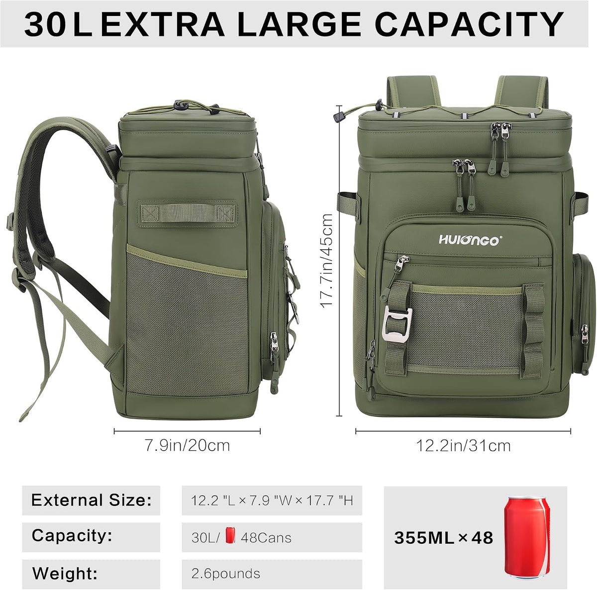 Hulongo Large Waterproof Insulated Cooler Backpack, 30L, 48Cans