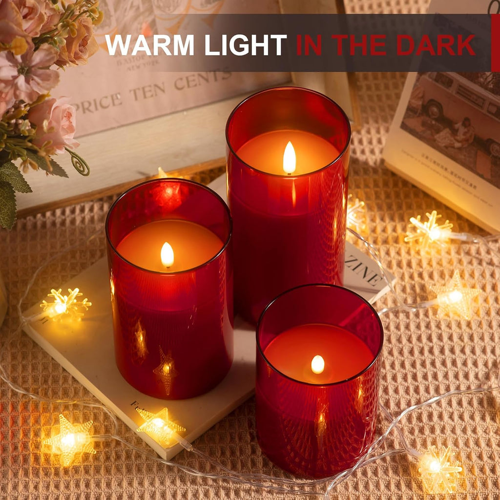 Tyawon Glass Battery Operated LED Flameless Candles with Remote and Timer, Real Wax Candles Warm Color Flickering Light for Festival Wedding Home Party Decor(Pack of 3)-Red