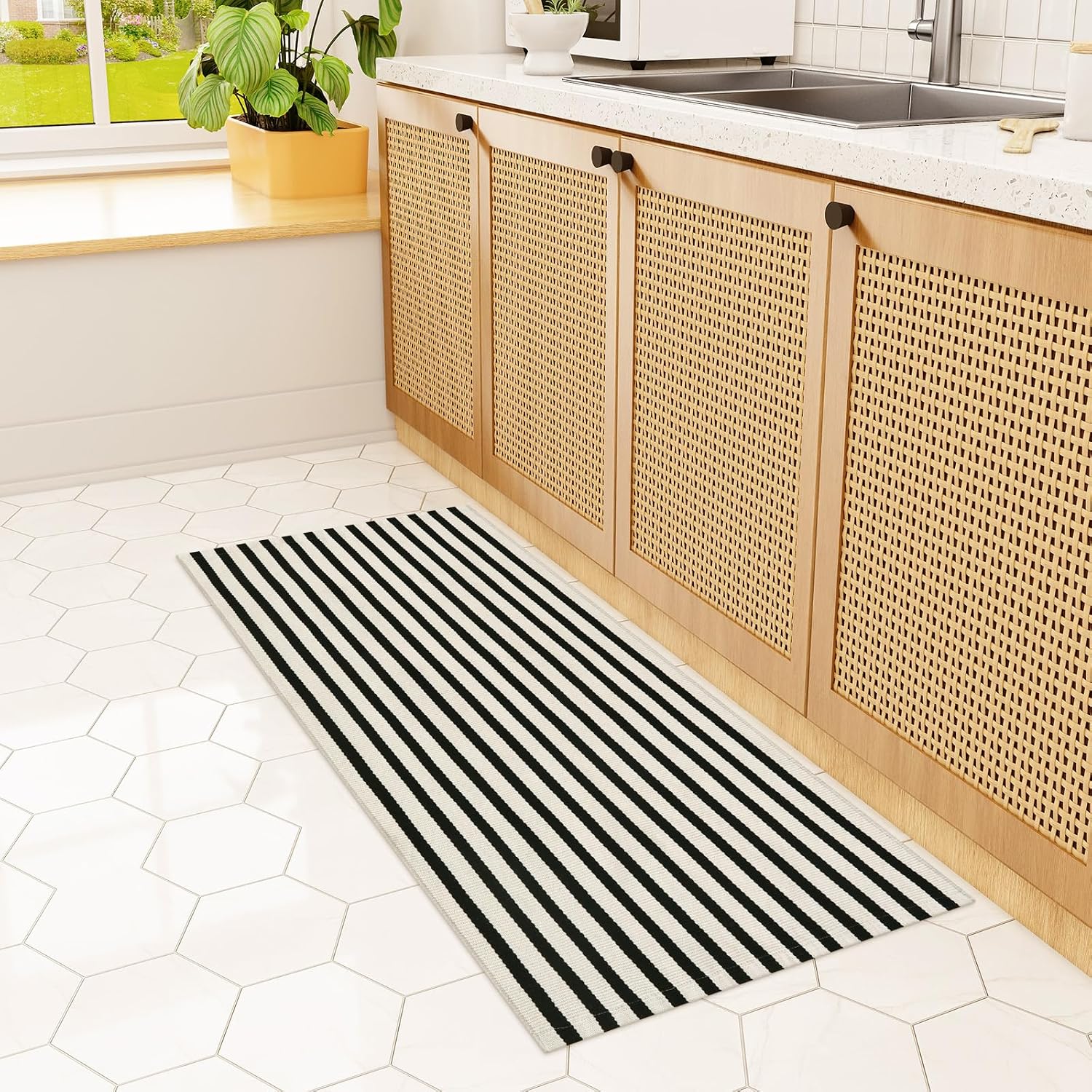 Fall Front Door Mat 2'x4.3', Cotton Washable Striped Outdoor Rug