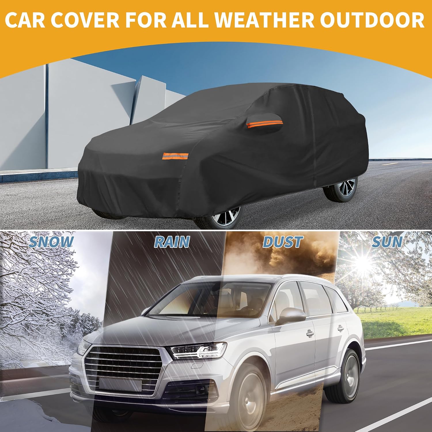 Universal Car Cover Waterproof All Weather 210D-PU, UV Sun Rain Protection, Fits for SUV Length 182"-190", with Left Side Zipper, Black