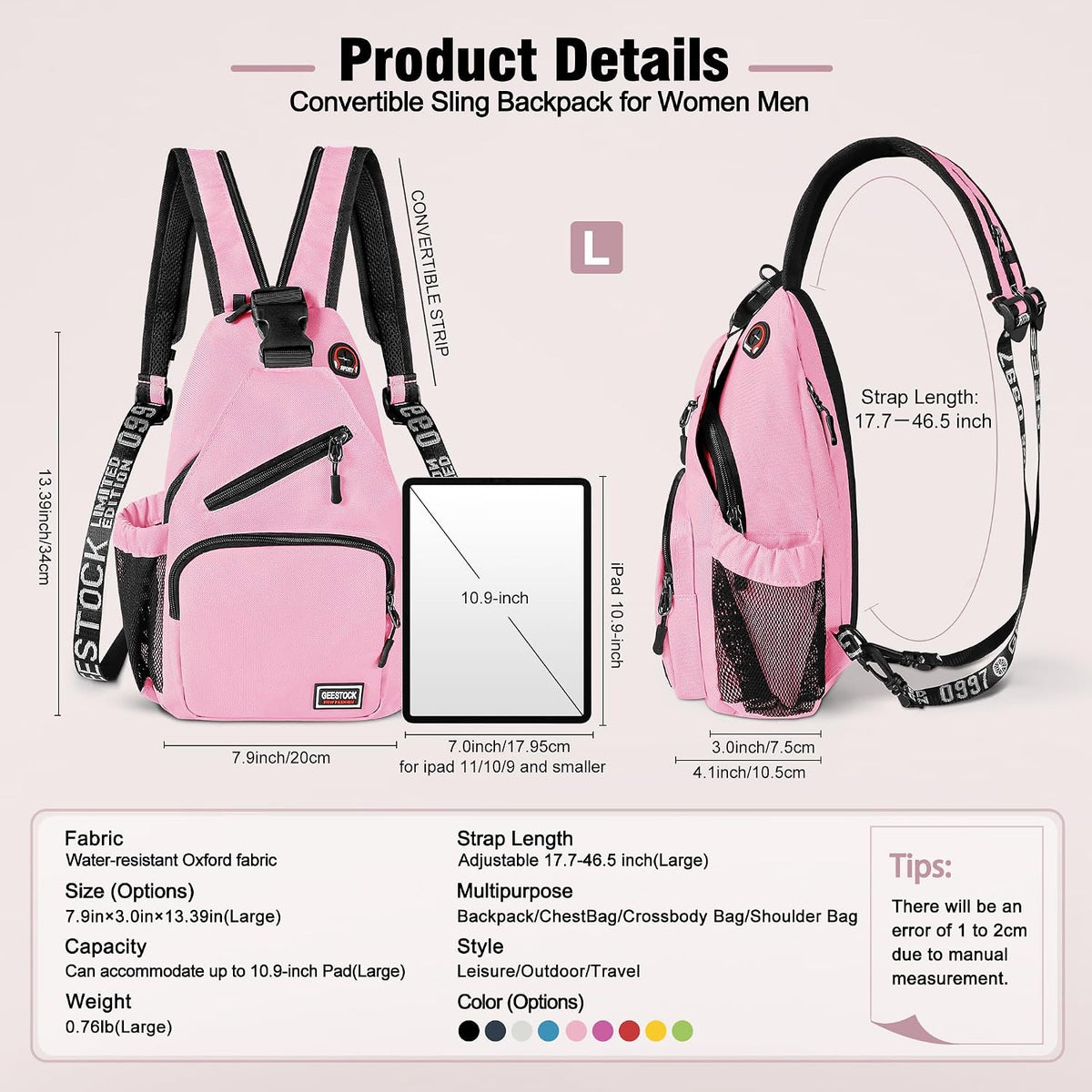 Crossbody Backpack Convertible Sling Bag for Women Men with Adjustable Strap Small Casual Daypack for Hiking Traveling (Large, 13-Inch, Pink)