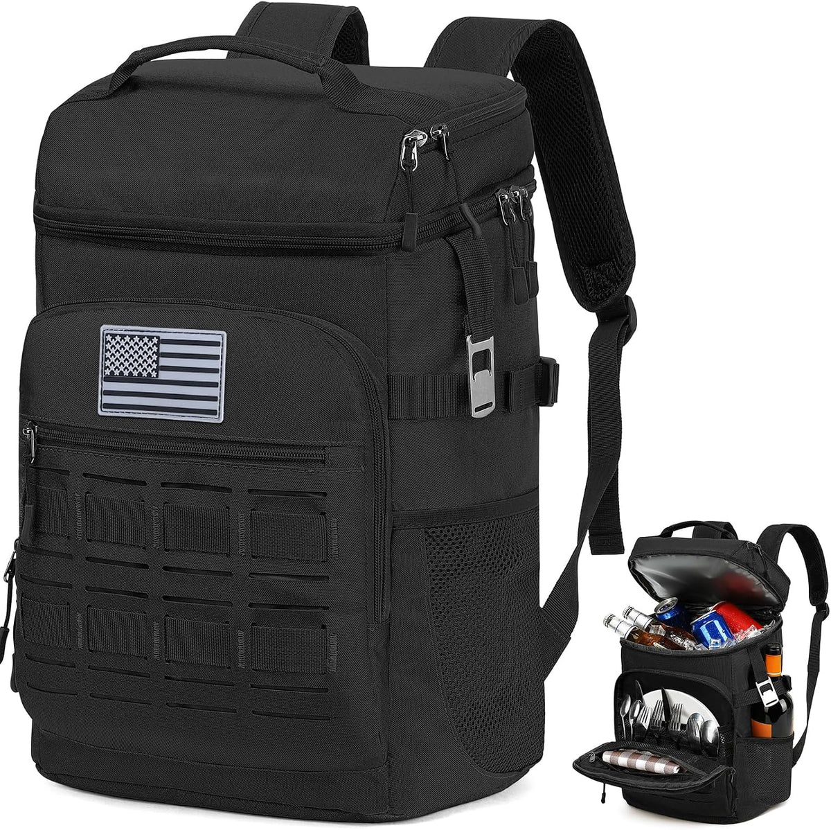 Tactical Cooler Backpack for Men, Double Deck Insulated Cooler Bag 40 Cans, Soft Lunch Backpack with 16H Ice Retention Waterproof Leakproof Picnic Backpack for Work Beach Camping BBQ Hiking