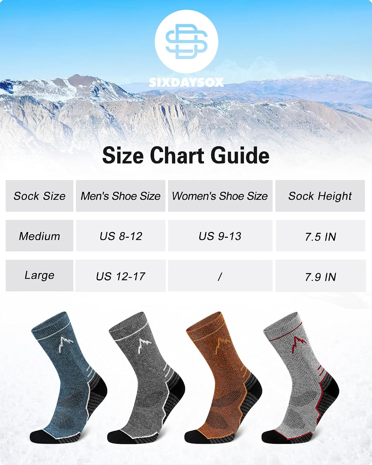 SIXDAYSOX Merino Wool Socks Mens, Crew Cushioned Hiking Socks Men Size 8-16