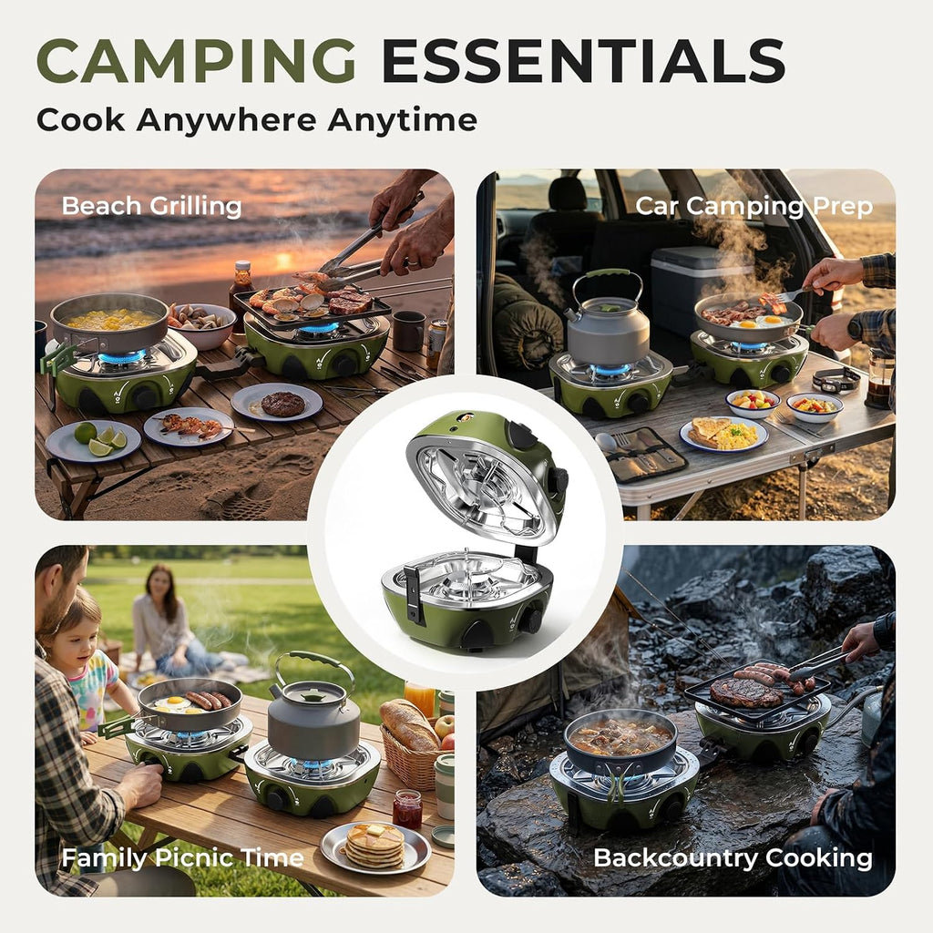 20000 BTU Propane Camping Stove with Cookware Set & Carry Bag Olive