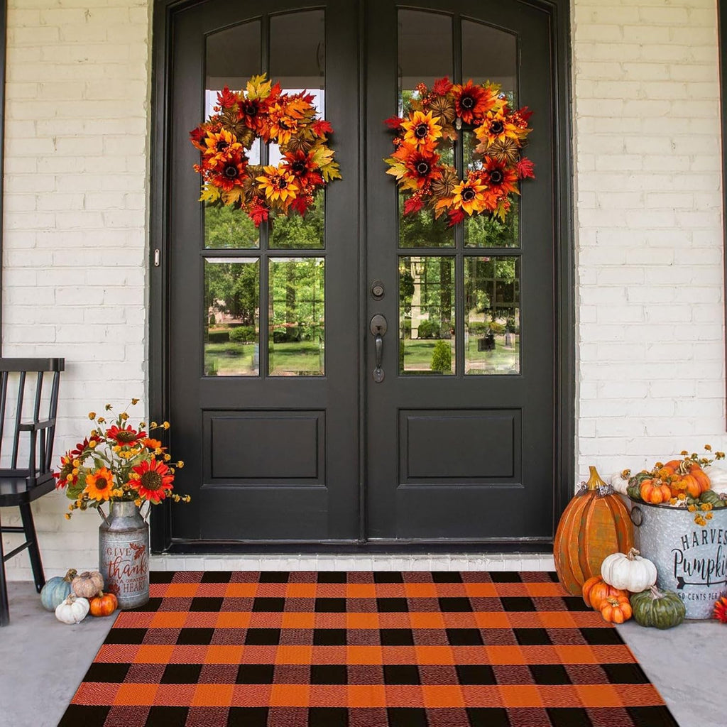 Fall Outdoor Rug Orange Buffalo Plaid Outdoor Rug Cotton Hand-Woven Buffalo Check Rug Layered Doormats for Front Door/Front Porch/Farmhouse/Entryway/Patio (Orange and Black Plaid, 3' x 5')