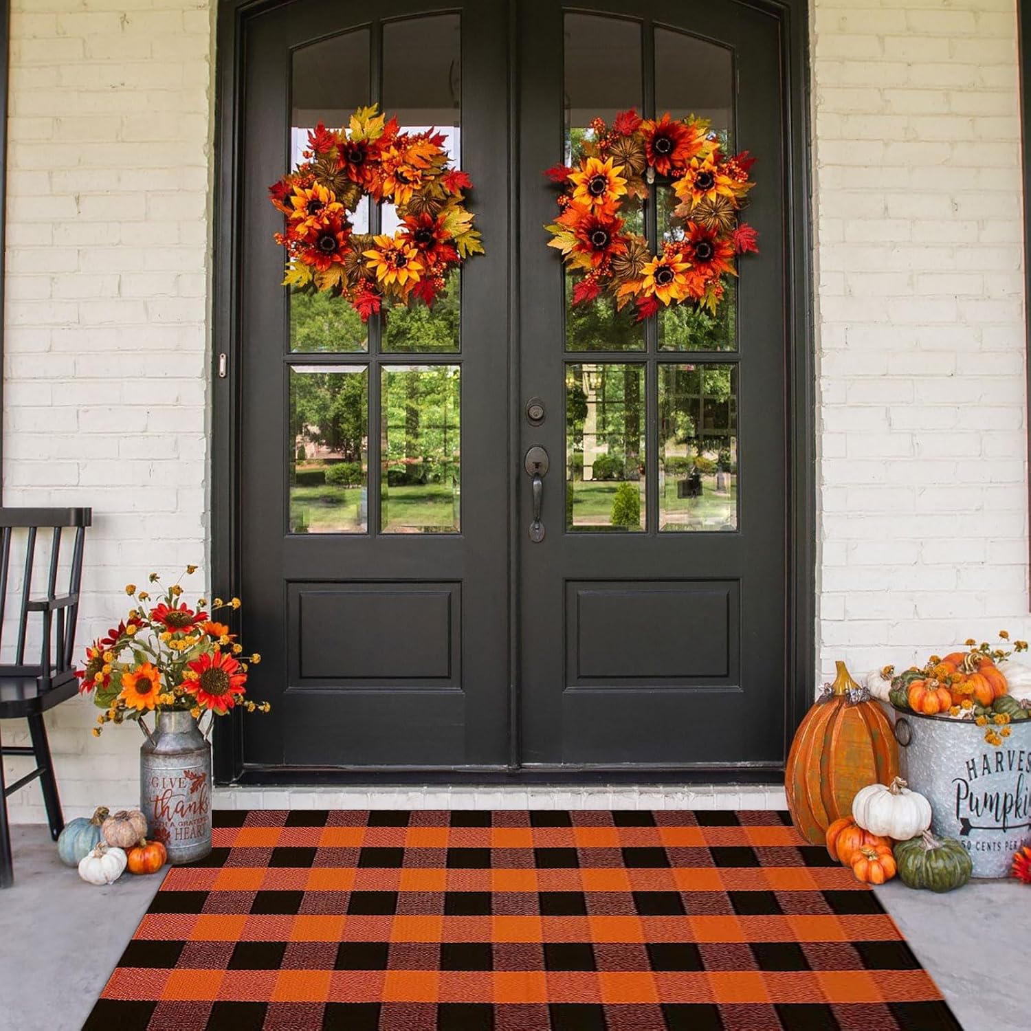 Fall Outdoor Rug Orange Buffalo Plaid Outdoor Rug Cotton Hand-Woven Buffalo Check Rug Layered Doormats for Front Door/Front Porch/Farmhouse/Entryway/Patio (Orange and Black Plaid, 3' x 5')