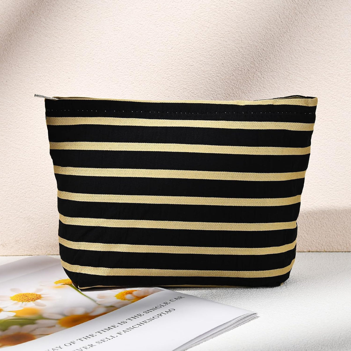 SOIDRAM 2 Pieces Makeup Bag Large Stripe Cosmetic Bag Capacity Canvas Mix Travel Toiletry Bag Organizer Cute Makeup Brushes Aesthetic Accessories Storage Bag for Women, Stripe Mix Black
