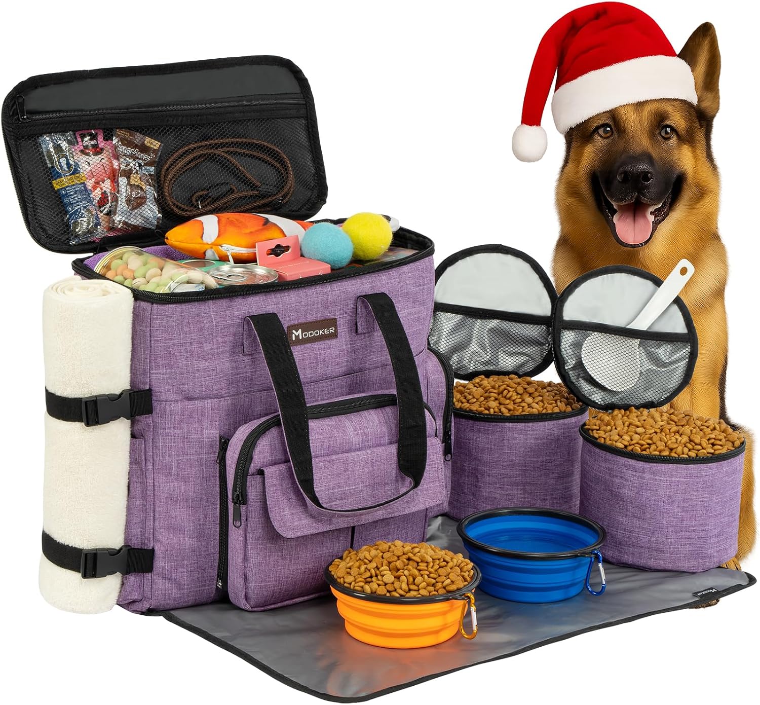 Modoker Weekend Dog Travel Bag Set with 2 Food Bags, 2 Bowls and Mat, Black