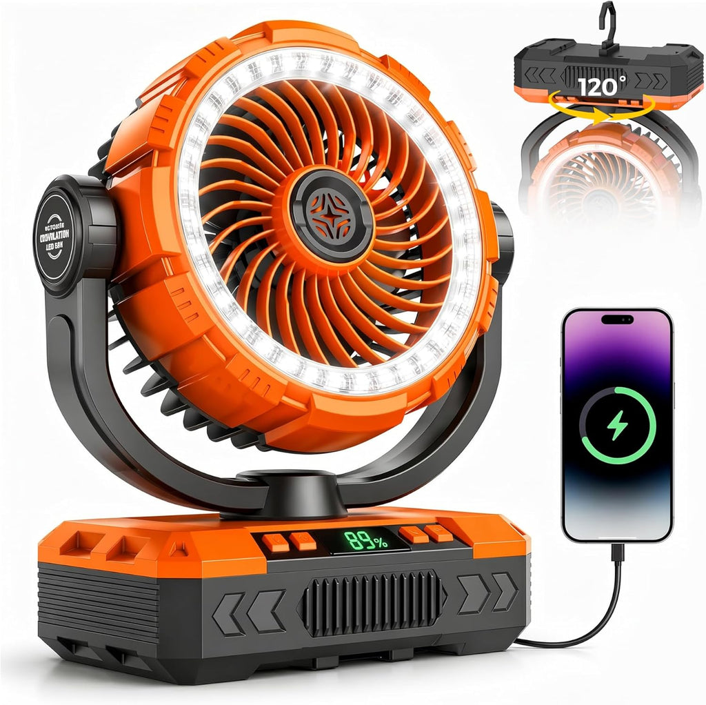 9-Inch Rechargeable Camping Fan 【Auto-Oscillating, Max 60H】20000mAh Portable Battery Powered Operated Fan,Light,Timer,Hook,Outdoor Tent Fans for Patios,Beach,Fishing,Emergency,Camping Gear Essentials