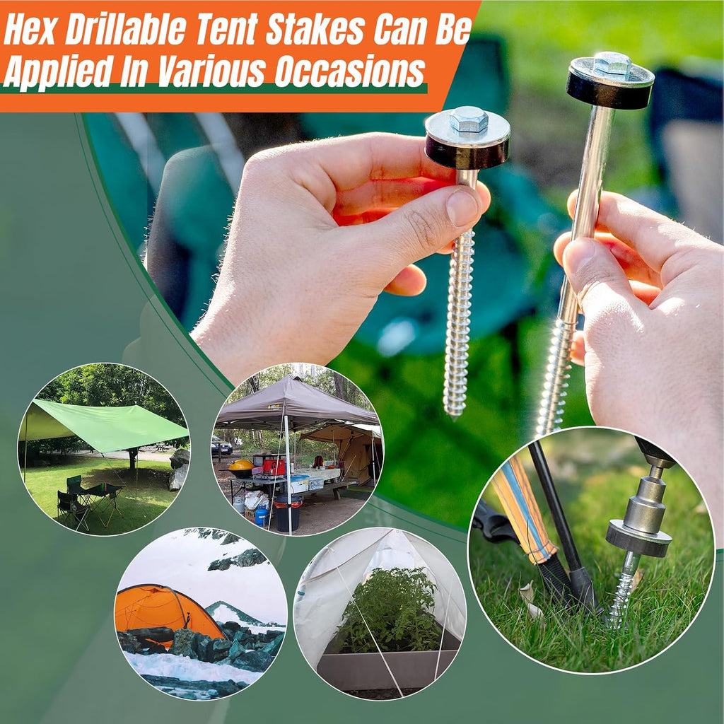 15 Pcs 10" Hex Pegs Drillable Tent Stakes, Screw in Tent Pegs Stakes for Garden Canopies Grassland Canopies Awnings Camping Travel (Hex Tool and Storage Bag)
