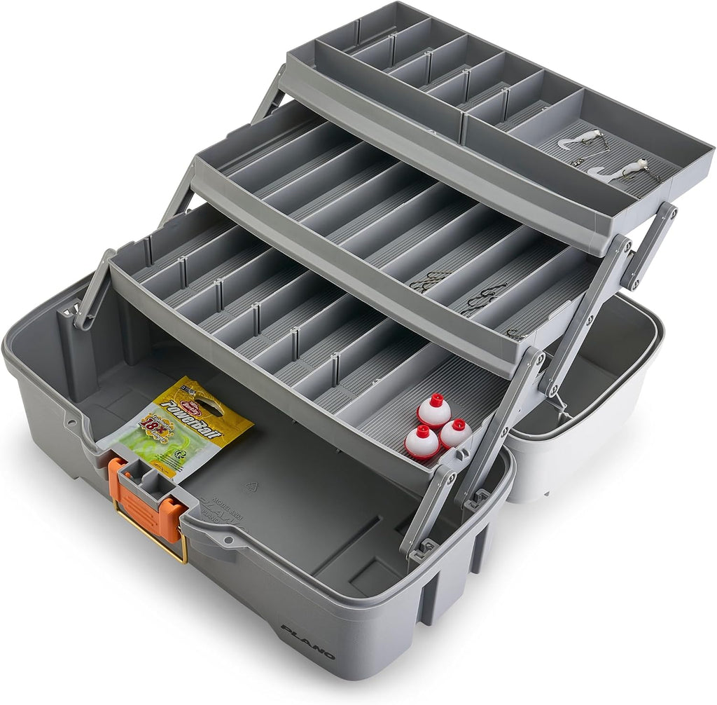 Plano Three-Tray Tackle Box Panfish Kit, Light Grey/Dark Grey, Rust-Proof Brass Latch, Top-Access Tray with Deep Storage, Made in the USA, Portable Fishing Gear Storage Organizer