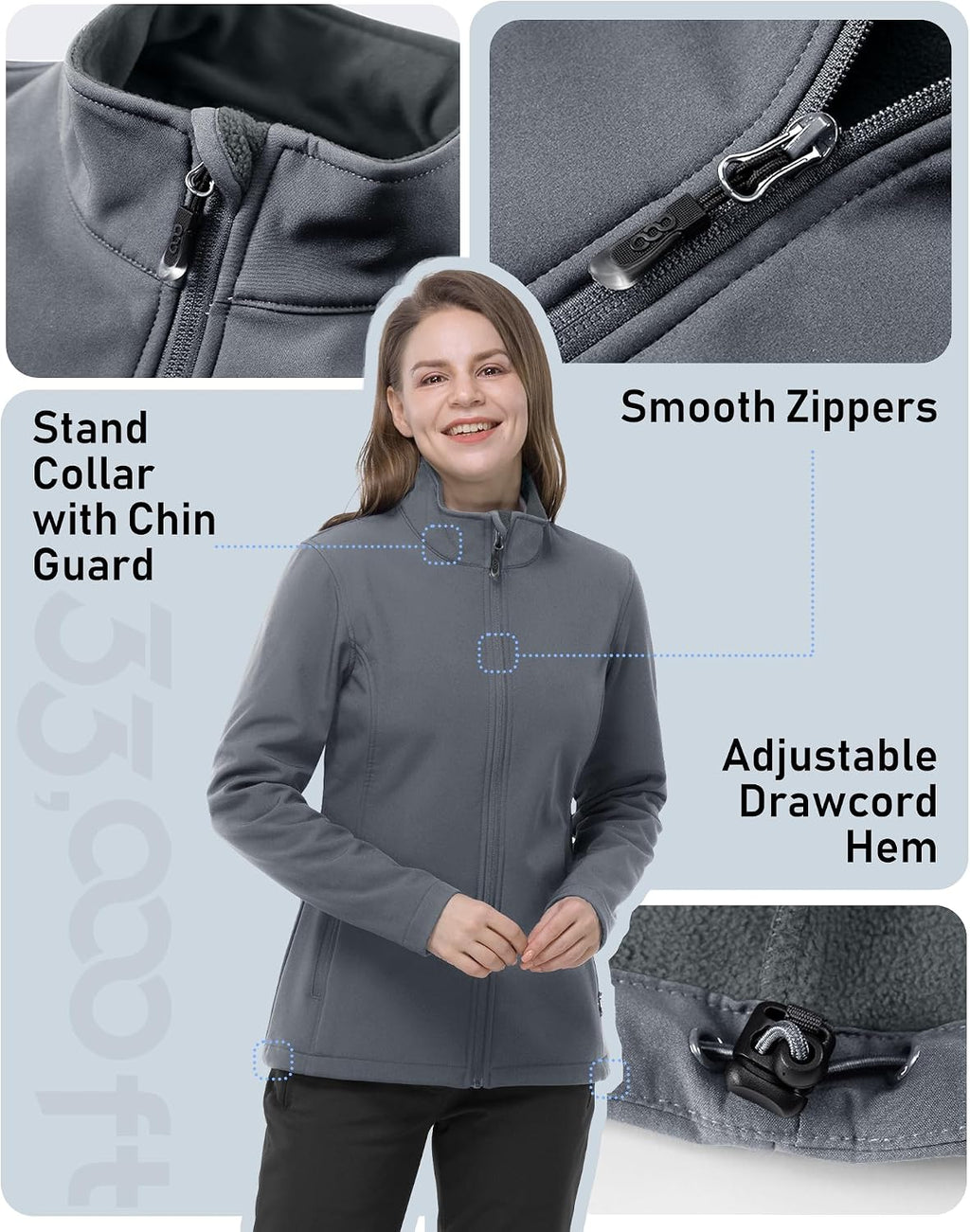 33,000ft Women's Waterproof Softshell Jacket Lightweight Fleece Lined Coat