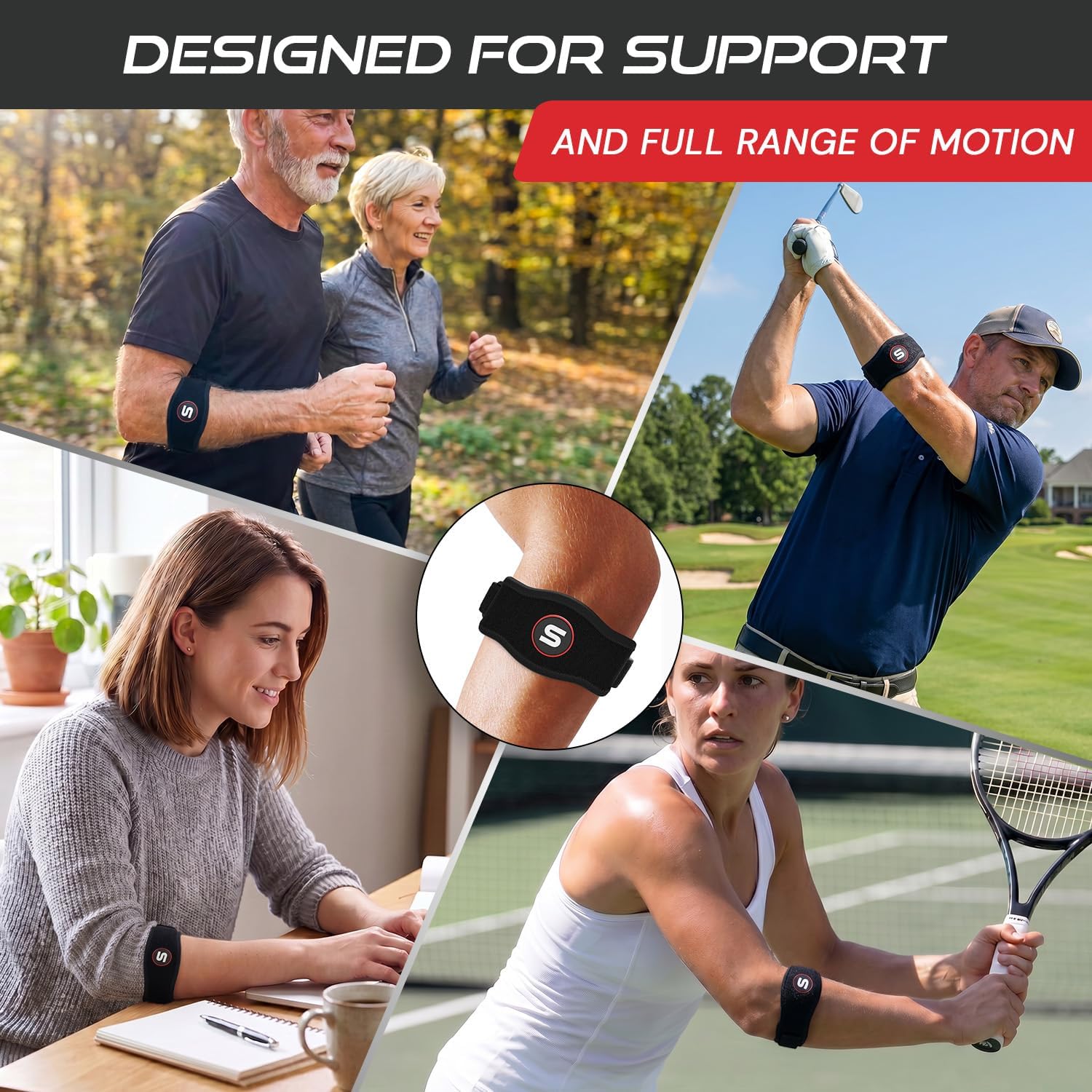 Sleeve Stars Tennis Elbow Brace for Men & Women, Elbow Brace for Tendonitis, Tennis Elbow Strap, Golfers Elbow Brace, Elbow Support Wrap for Tennis Elbow Relief, Fits 9"-23" (Pair/Black)