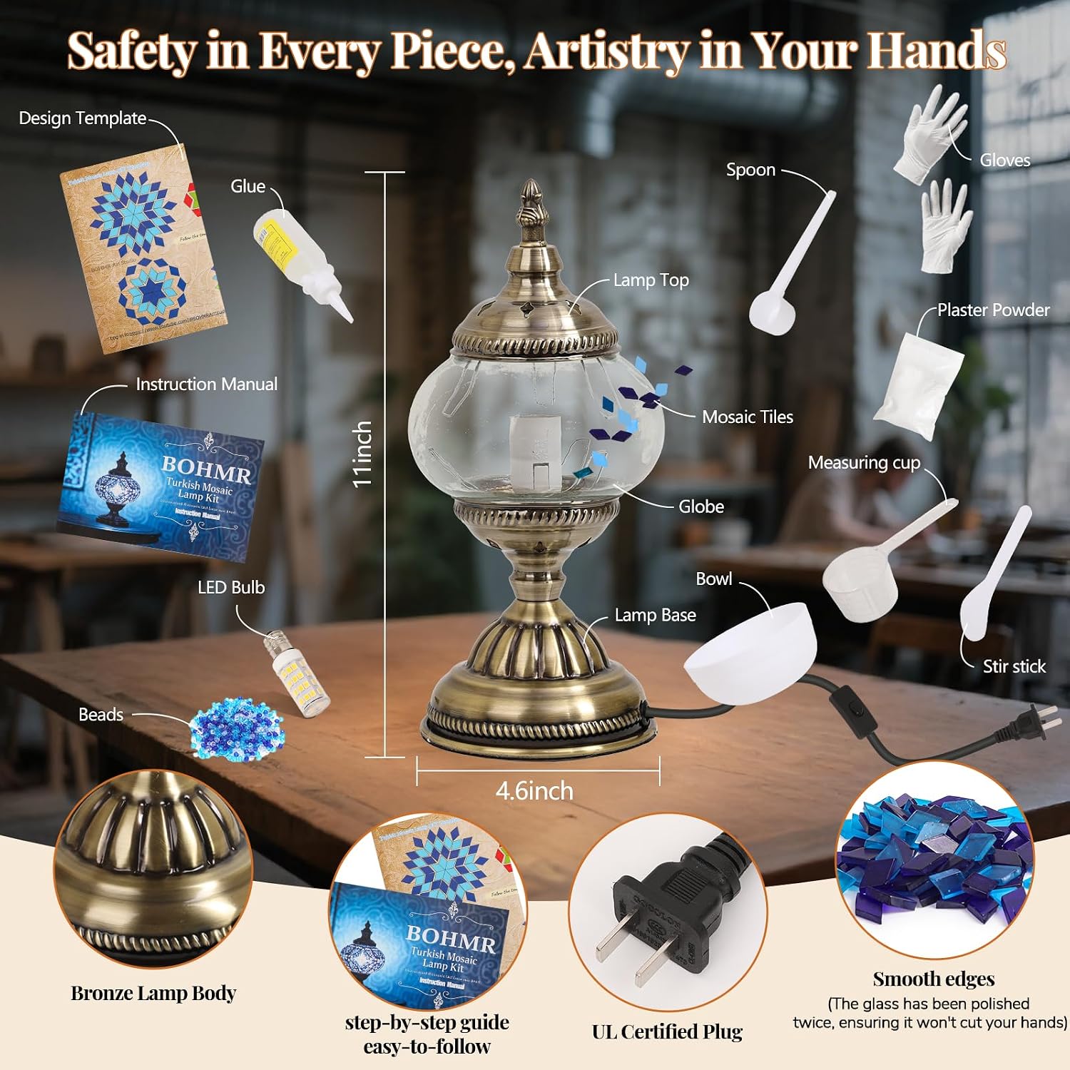 DIY Turkish Mosaic Lamp Kit for Adults & Teens, 5.2" Shade, Blue