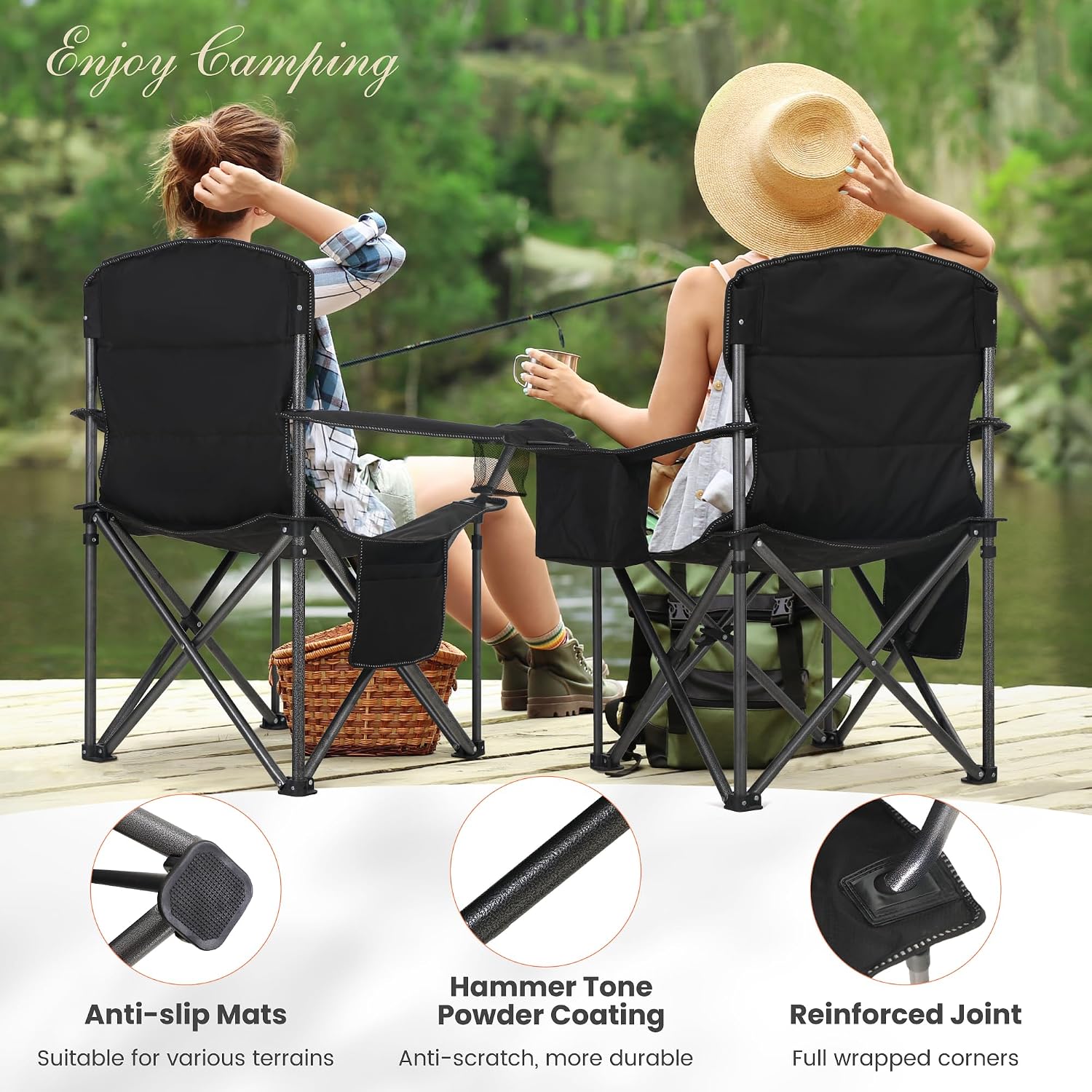 Heavy Duty Oversized Portable Folding Camping Chairs Support 450 LBS Black