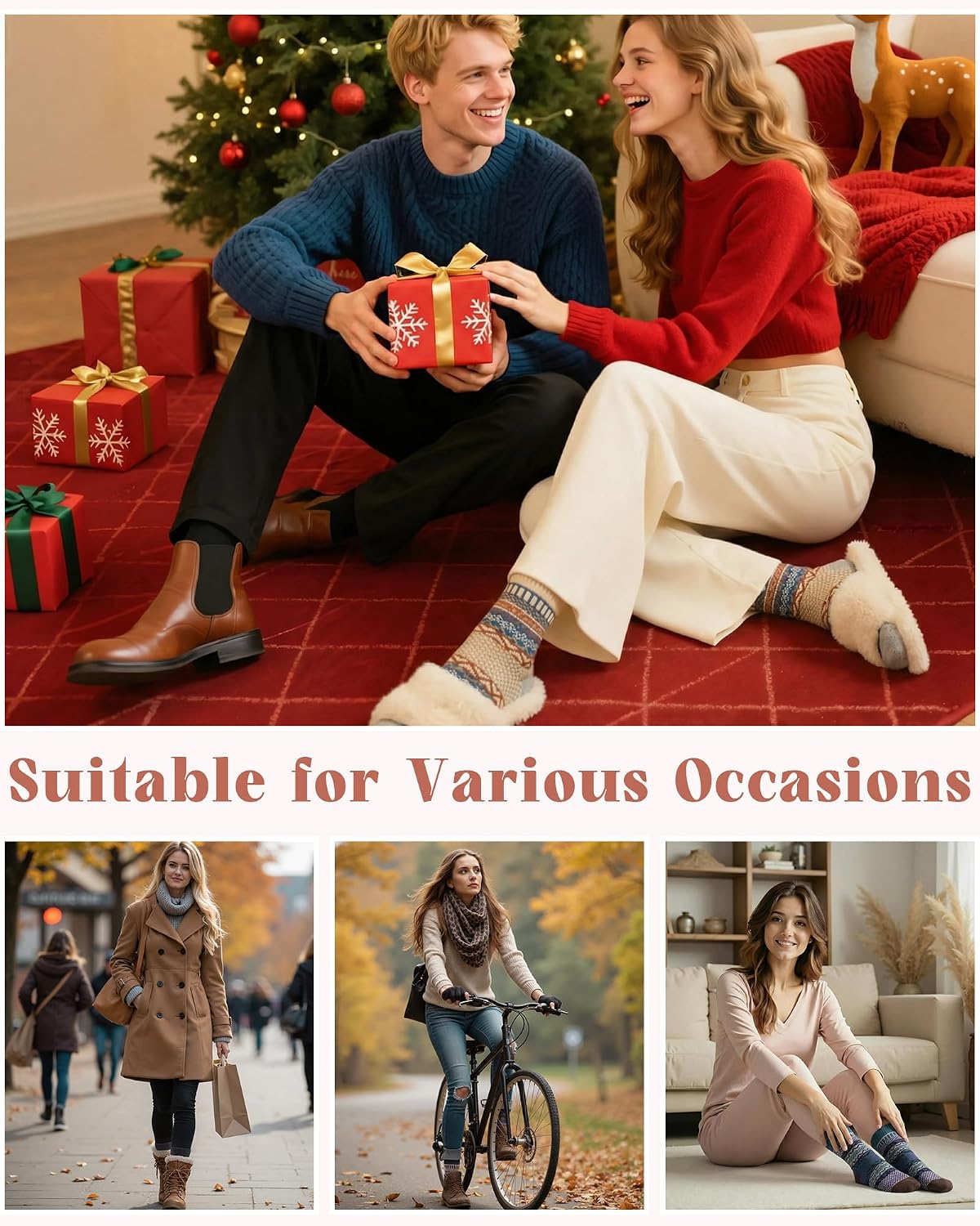 Senker Fashion Wool Socks for Women, 5 Pairs Winter Warm Crew Boot Socks