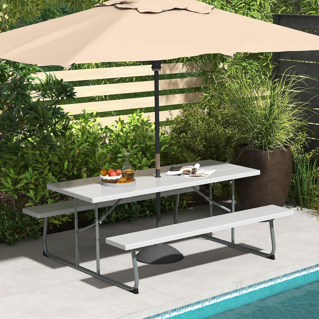 Tangkula 6 Ft Folding Picnic Table, Outdoor 8 Person Large Picnic Table Set with 2 Built-in Benches, Umbrella Hole, Metal Frame & HDPE Tabletop for Garden, Backyard (Grey)
