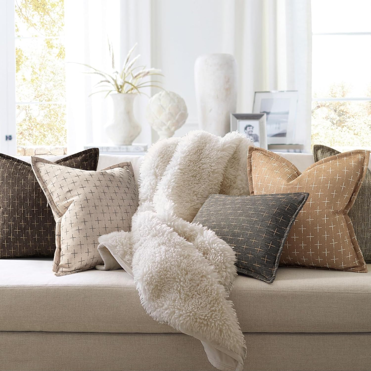 ZWJD Throw Pillow Pillow Covers 18x18 Set of 2 Soft Polyester Textured Pillow Covers with Stylish Flange Edge Cozy Farmhouse Throw Pillows for Couch Bed Sofa Living Room Camel