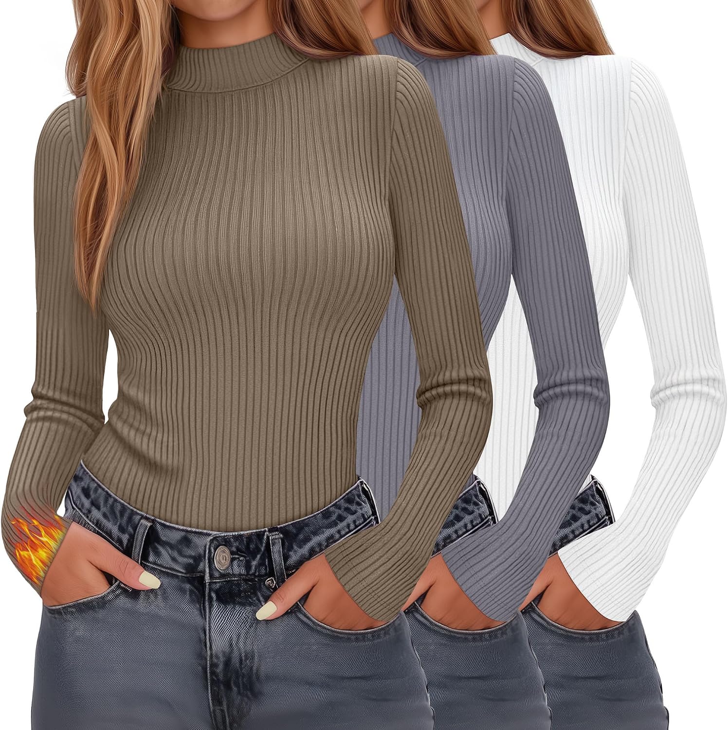 Evervibe 3 Pack Women's Ribbed Mock Neck Thermal Tops