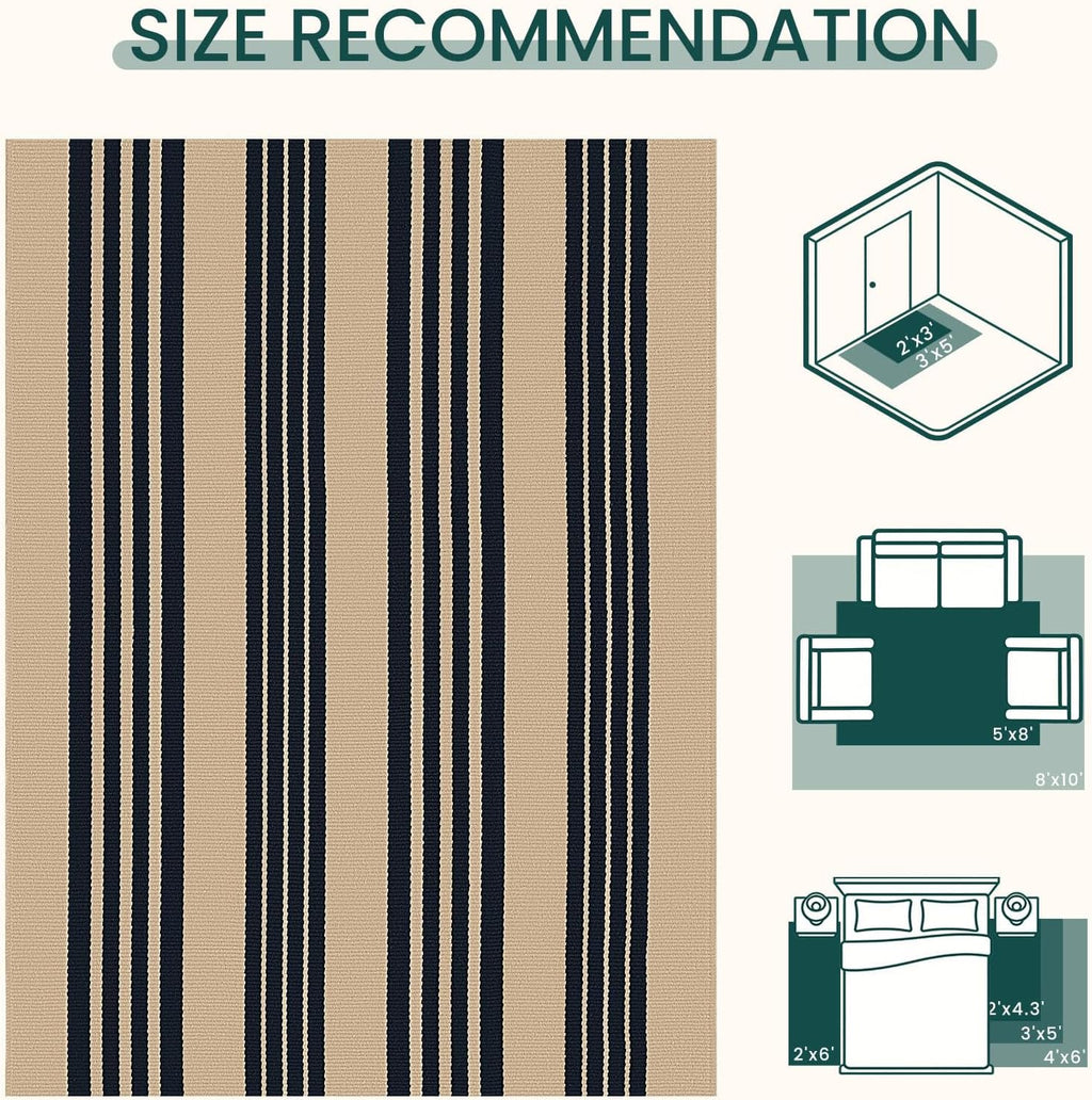 KOZYFLY 3'x5' Striped Area Rug, Brown and Black Woven Cotton Outdoor Rug