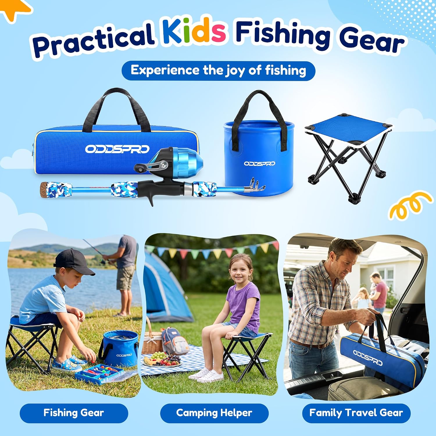 ODDSPRO Kids Fishing Pole - Portable Kids Fishing Rod and Reel Combo, Kids Fishing Gear with Tackle Box, Spincast Reel, Collapsible Chair and Bucket, Fishing Pole for Kids Boys Girls Toddler Youth 3+