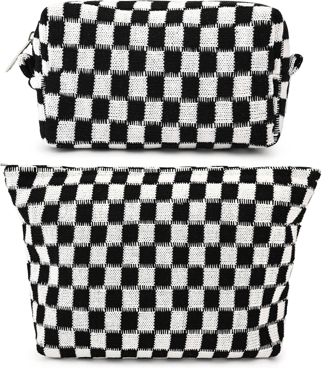 SOIDRAM 2 Pieces Black Makeup Bag Large Checkered Cosmetic Bag Capacity Canvas Mix Travel Toiletry Bag Organizer Cute Makeup Brushes Aesthetic Accessories Storage Bag for Women, Checkered Mix Black