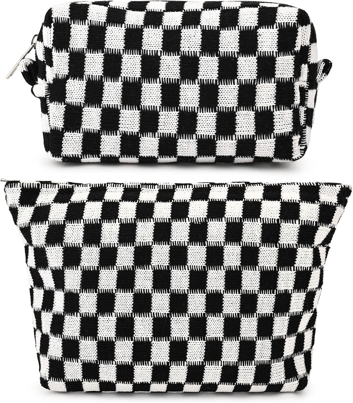 SOIDRAM 2 Pieces Black Makeup Bag Large Checkered Cosmetic Bag Capacity Canvas Mix Travel Toiletry Bag Organizer Cute Makeup Brushes Aesthetic Accessories Storage Bag for Women, Checkered Mix Black