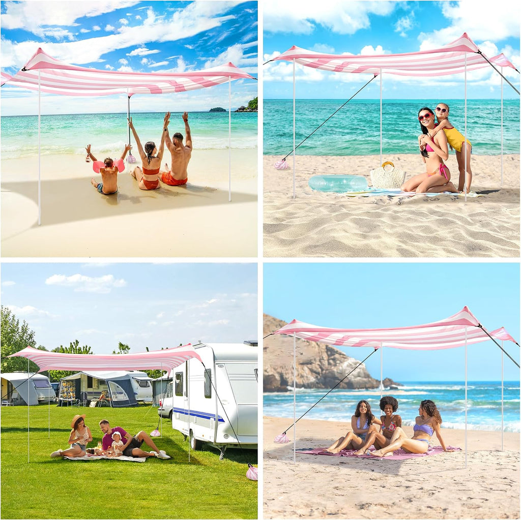 Beach Tent Canopy, UPF 50+ UV Protection Beach Sun Shade, Portable 10×10 FT Large Pop-Up Tent Sun Shelter with Sand Anchors, Ground Pegs, Easy Setup for Camping, Park, and Backyard Fun-Pink Stripe