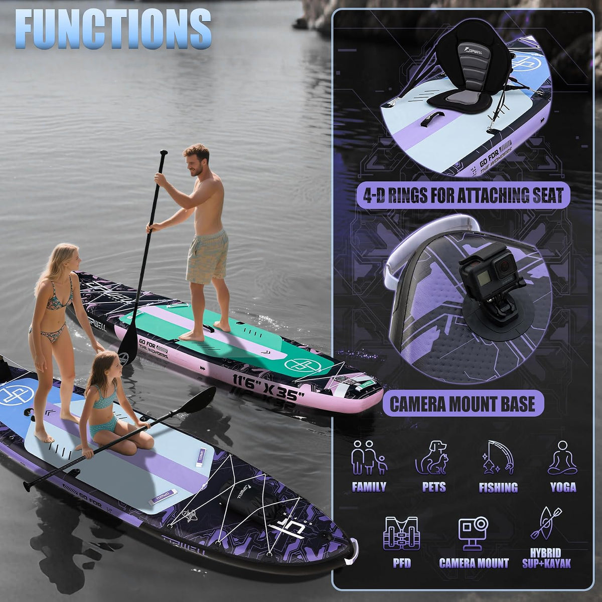 UPWELL 11'6"×35" Extra Wide Inflatable Paddle Board, Stand Up Paddle Board for Youth & Adults, Stable Design, Premium SUP Accessories, 120L Backpack, 10L Dry Bag, Paddle, Leash, Hand Pump, US Fins