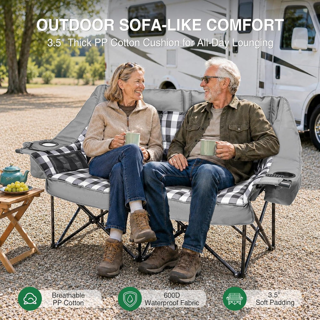 HOPERAN Double Camping Chair 800lbs Camping Couch Folding Loveseat, Grey