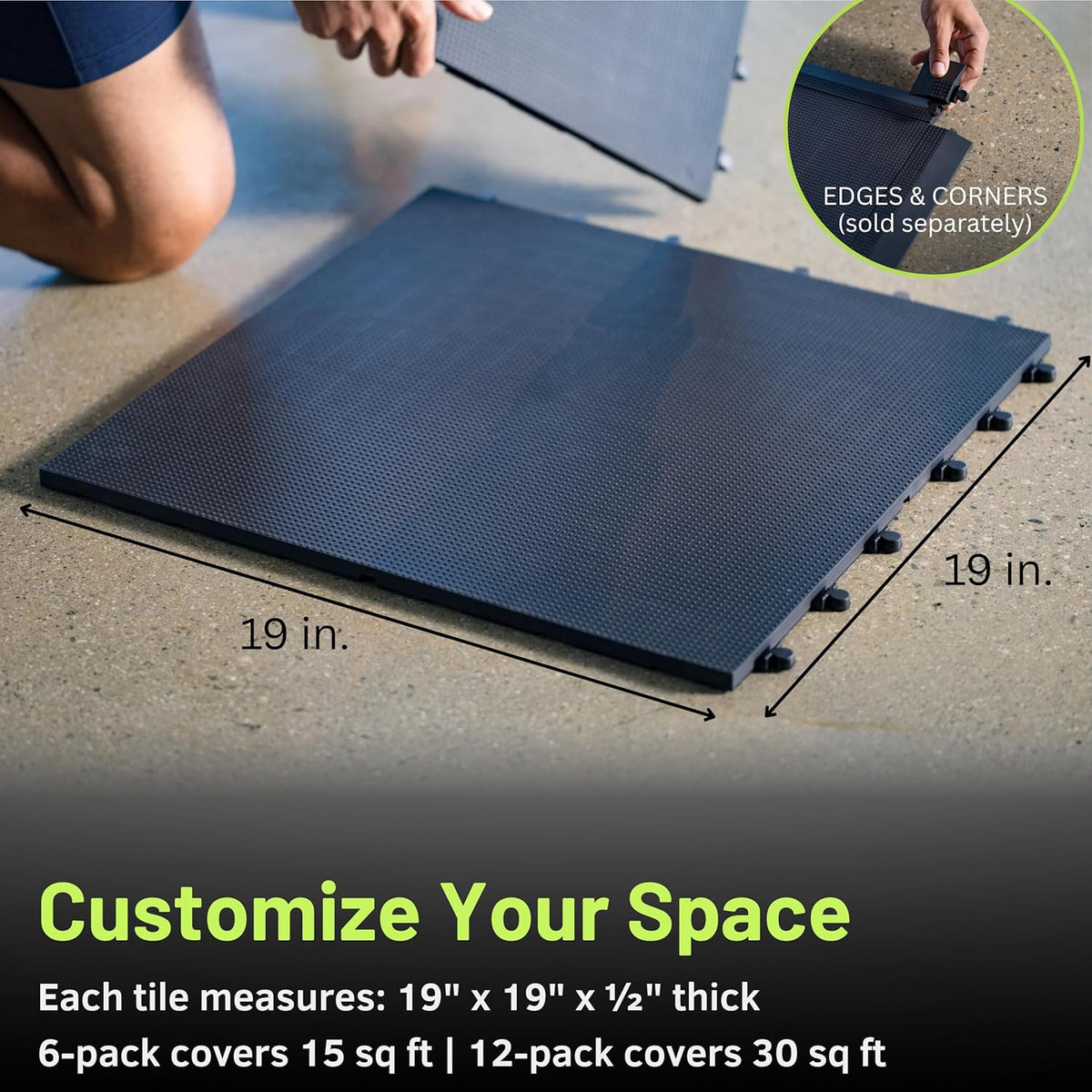 Baselayer Performance Series Interlocking Floor Tiles - Durable ½ in TPE (Rubber Like, NOT Foam, no Odor) - Gym Flooring for Weights & Heavy Equipment - Black, 15 SqFt (6 Pack) - Made in USA