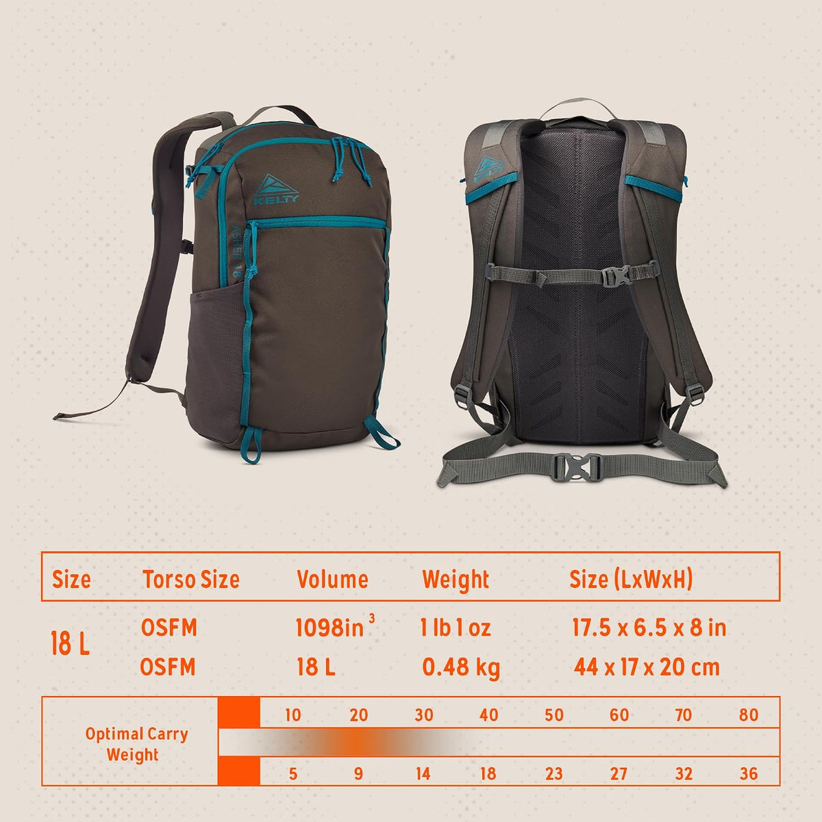 Kelty Asher Backpack, Daypack to Multi-Day Backpacking Capacity, Hiking, Lightweight Travel Pack, Internal Frame (18L Beluga)