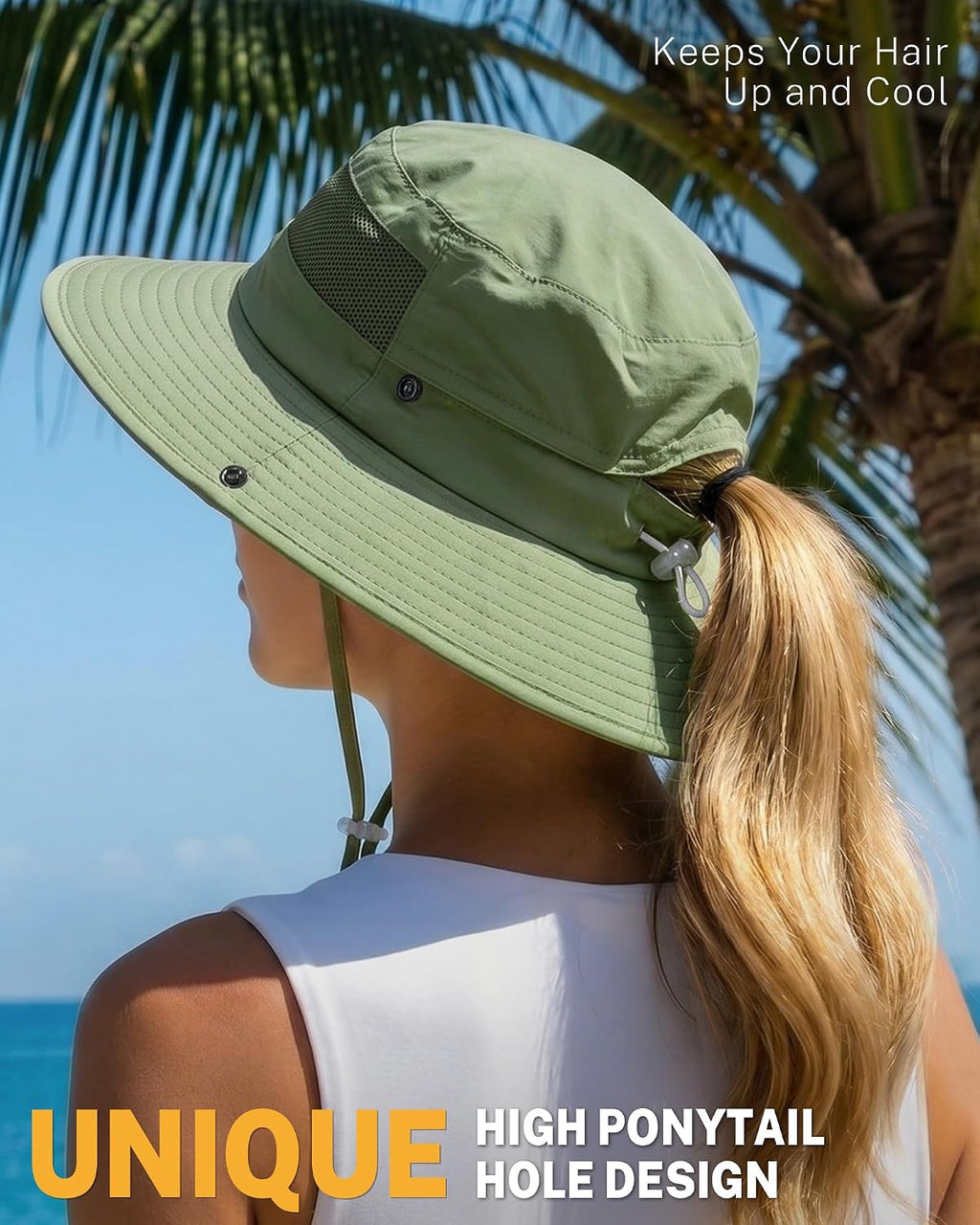 Women's Sun Hat Sun Protection Wide Brim Bucket with Ponytail Hole Summer
