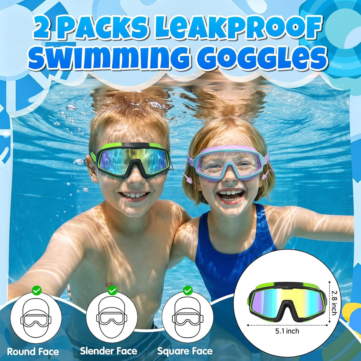 Kids Swim Goggles 2 Pack, Large Frame, Anti-Fog, UV Protection, Leakproof, Wide View, Age 4-14