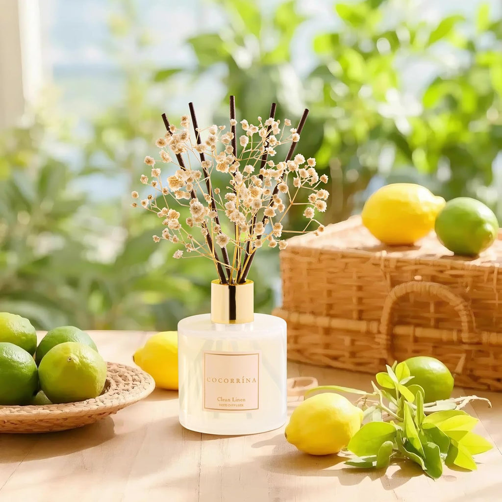 Cocorrína Reed Diffuser Set, Clean Linen 6.7 fl oz Scented Diffuser with Sticks Home Fragrance Reed Diffuser for Bathroom Shelf Décor