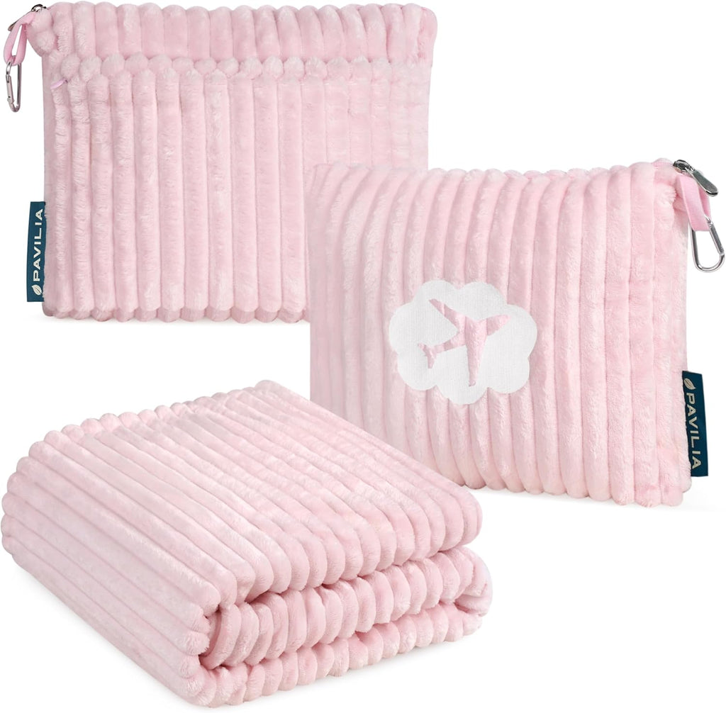 PAVILIA Travel Blanket Pillow, Soft Ribbed Fleece Airplane Blanket, Pink