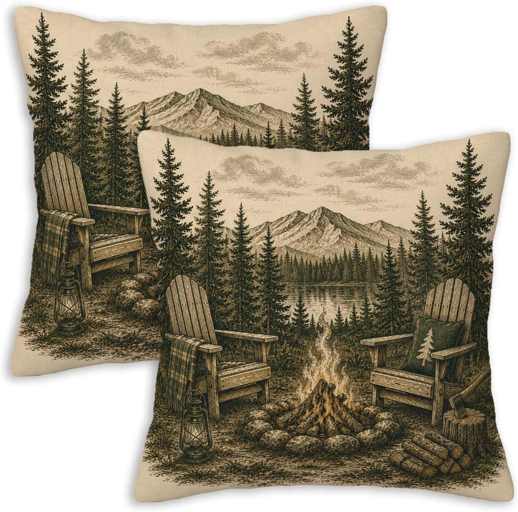 Rustic Cabin Campfire Throw Pillow Covers 18x18 Set of 2 | Mountain Lake House Decorative Cushion Covers | Pine Forest Woodland Lodge Pillow Cases for Couch Sofa Bed Living Room