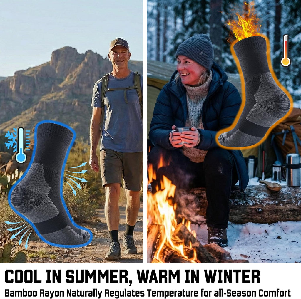Bamboo Rayon Crew Hiking Socks | Premium Anti-Blister Warm Breathable | Cushioned for Sports | Men Women | 3 Pack