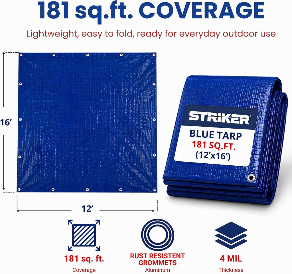 Striker Blue Tarp, Waterproof, UV Resistent, Covers 181 Sq. Ft 12' X 16'