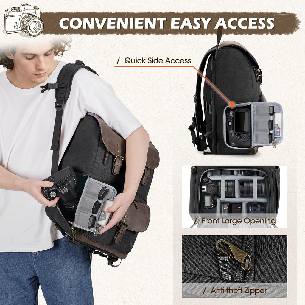 RAINSMORE Vintage Camera Bag with Side Access for DSLR/SLR Mirrorless
