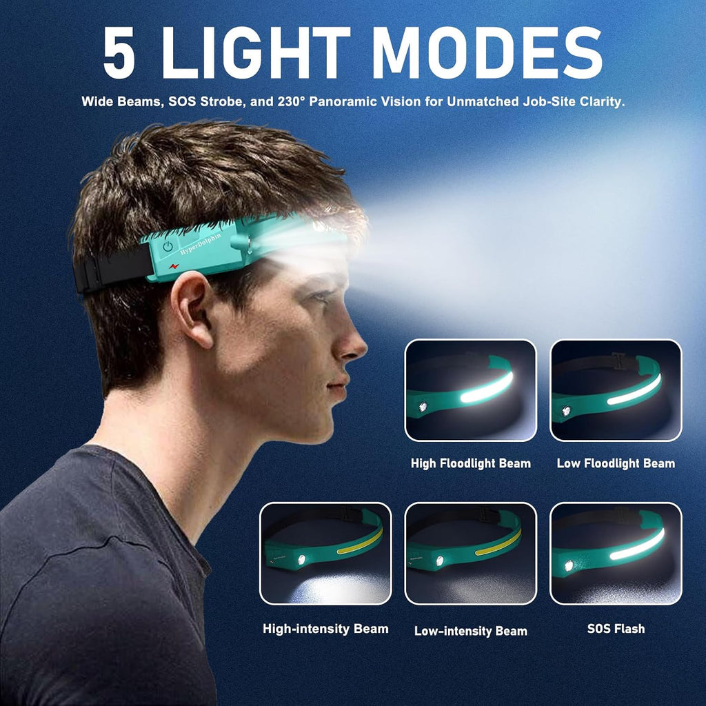 Headlamp Rechargeable LED (2-Pack, Green) 230° Wide Beam, USB-C Lightweight Head Lamp, Long Runtime, Water-Resistant for Camping, Hiking, Running, Fishing, Repair Work
