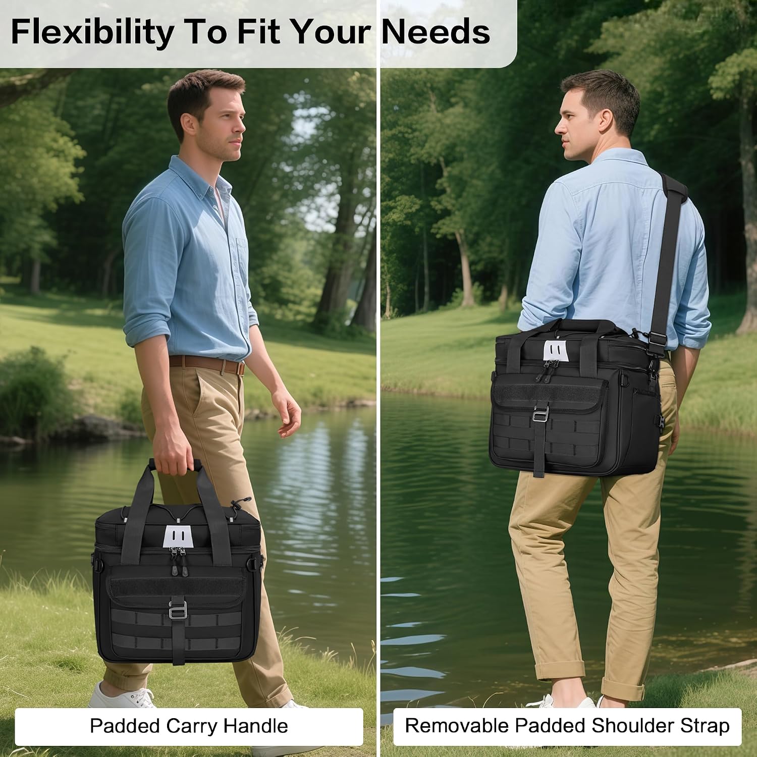 30L Large Fishing Tackle Bag, Waterproof, Double Deck, Black