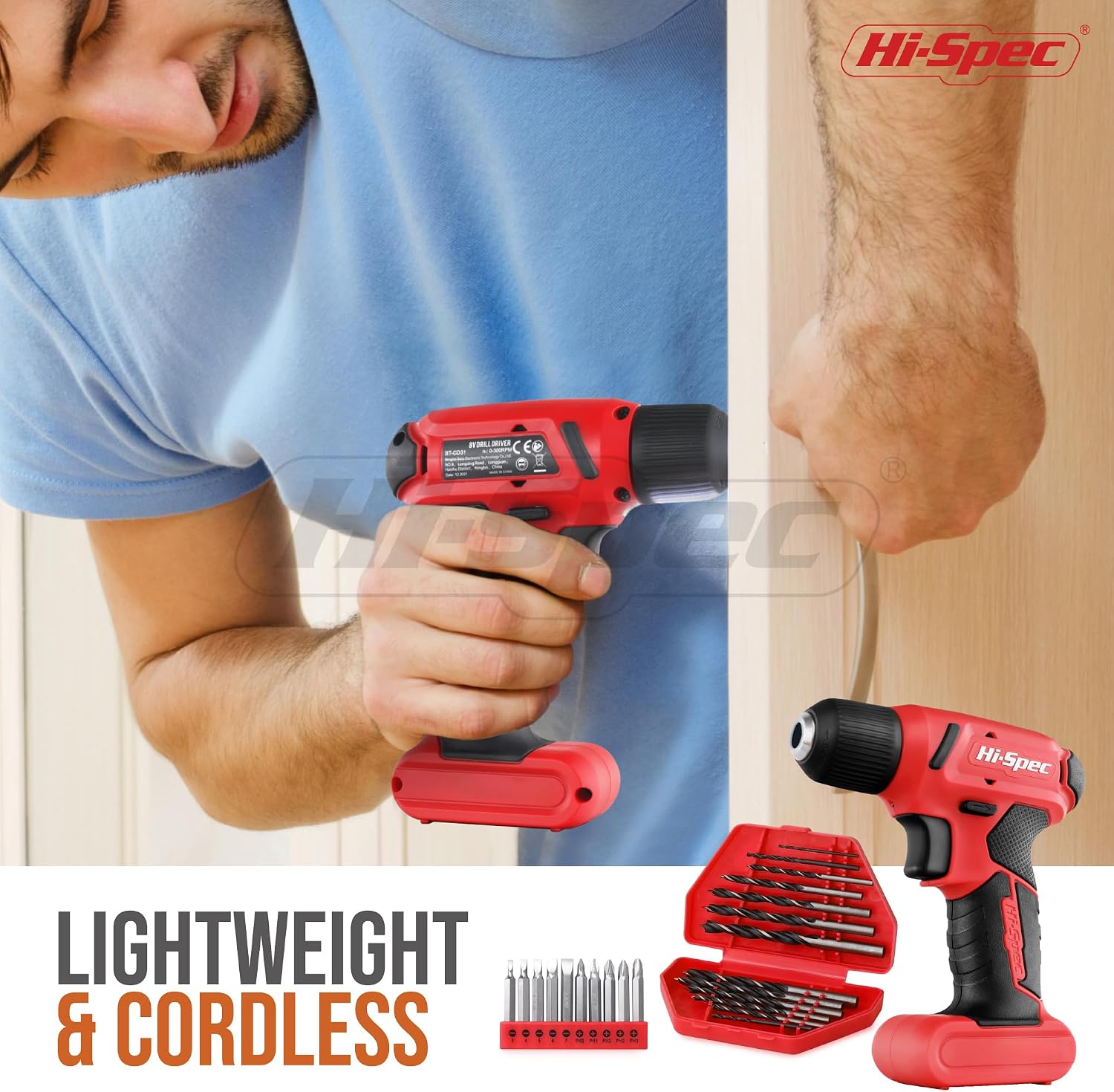Hi-Spec 8V USB Cordless Drill Driver Home Tool Kit for Home DIY, Red