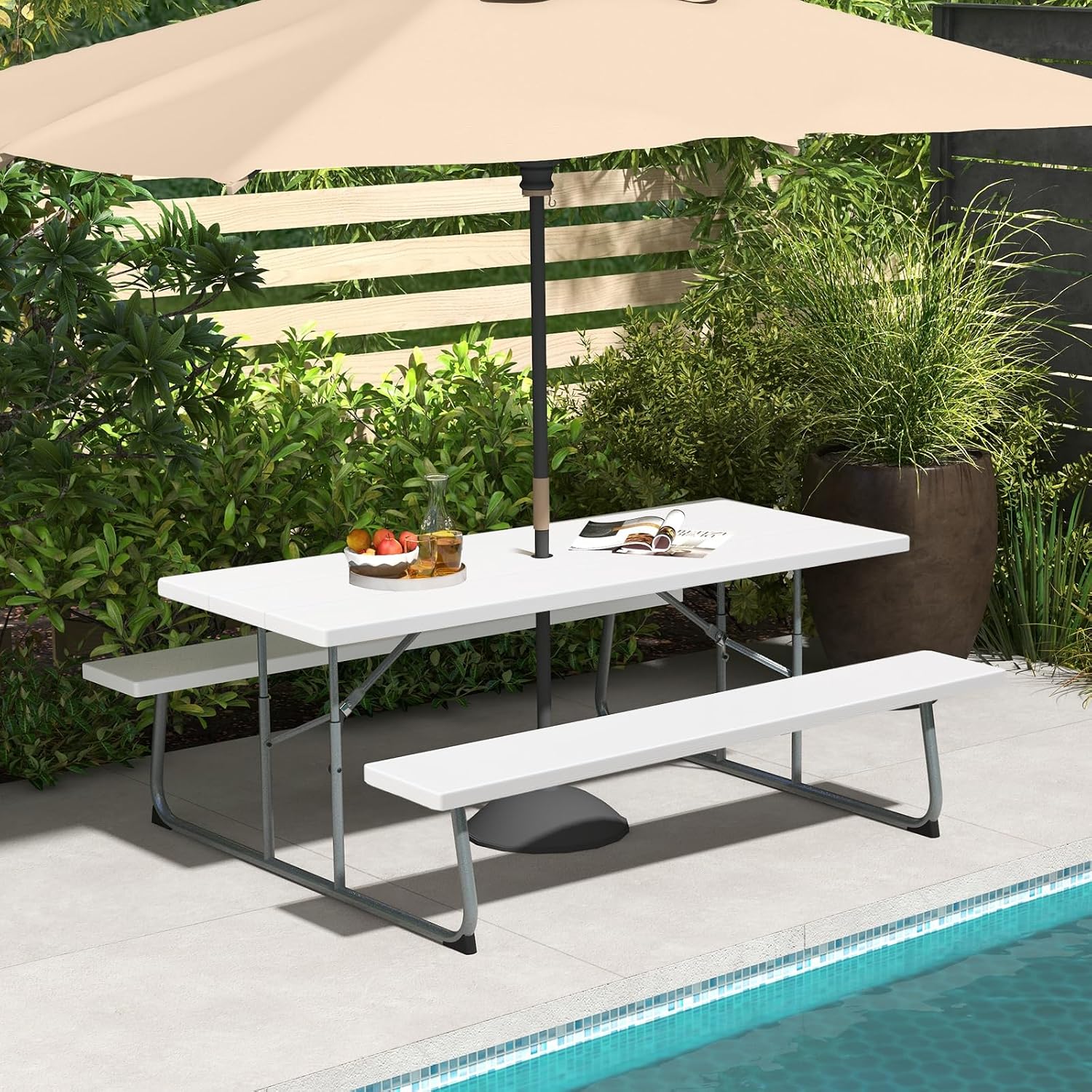 Tangkula 6 Ft Folding Picnic Table, Outdoor 8 Person Large Picnic Table Set with 2 Built-in Benches, Umbrella Hole, Metal Frame & HDPE Tabletop for Garden, Backyard (White)